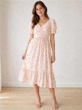 Floral Midi Ruched V-Neck Dress - Pink